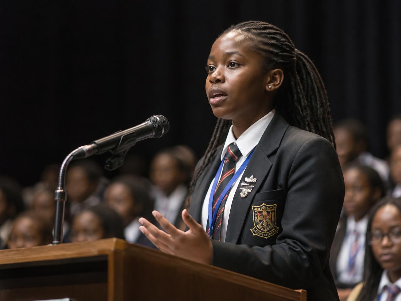 A student speaking at a podium during a debate round